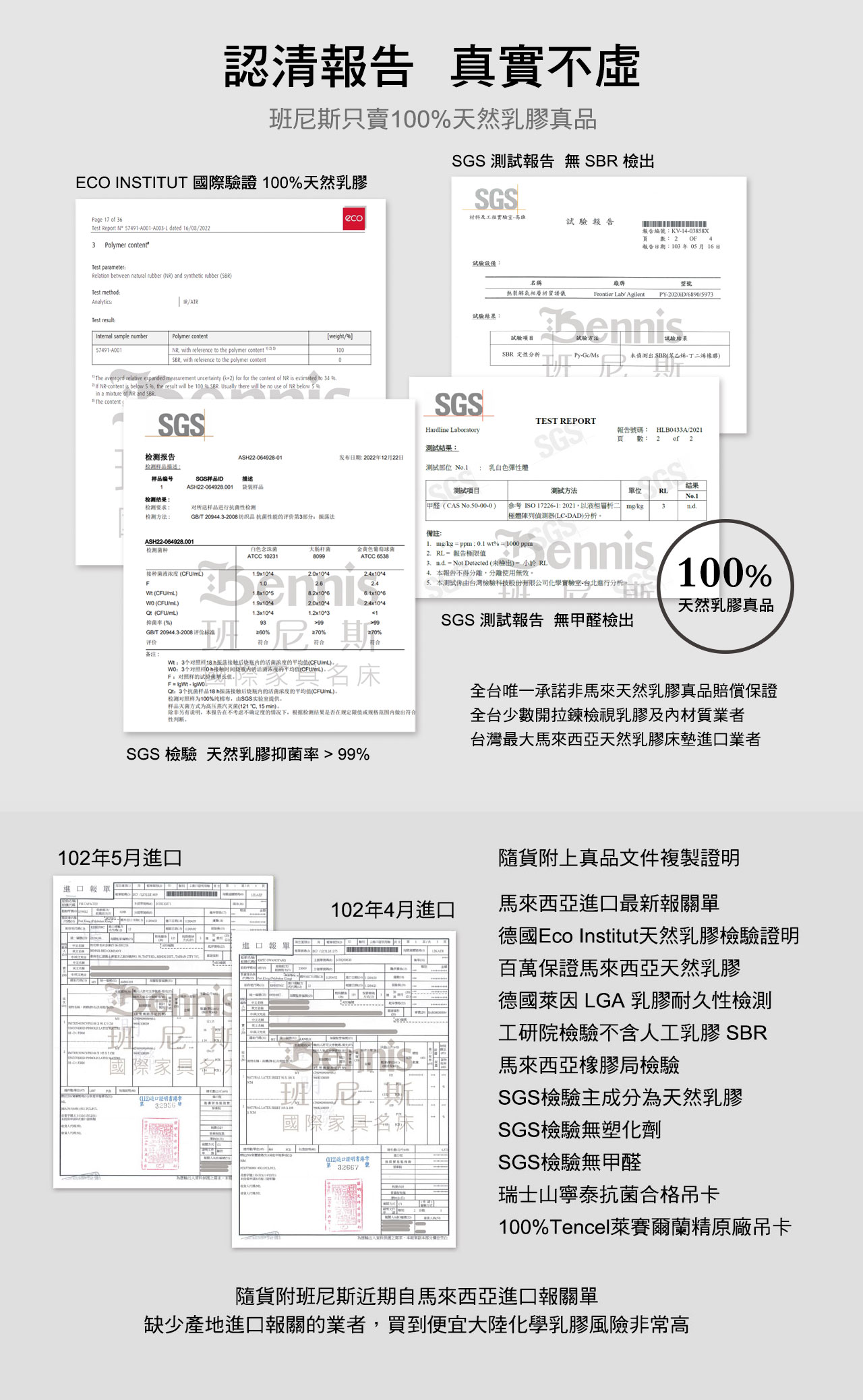 認清乳膠檢驗報告，不添加任何化學合成膠、通過VOCS、農藥、無致癌物、無多項有害化學物質，真實不虛，安全無毒，這正是天然乳膠最大的特點