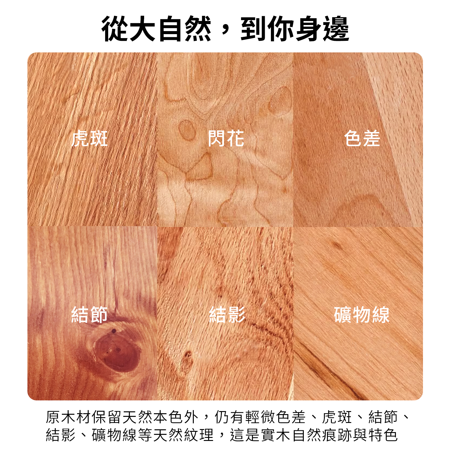 從大自然,到你身邊 虎斑 閃花 色差 結節 結影 礦物線 原木材保留天然本色外,仍有輕微色差、虎斑、結節、 結影、礦物線等天然紋理,這是實木自然痕跡與特色