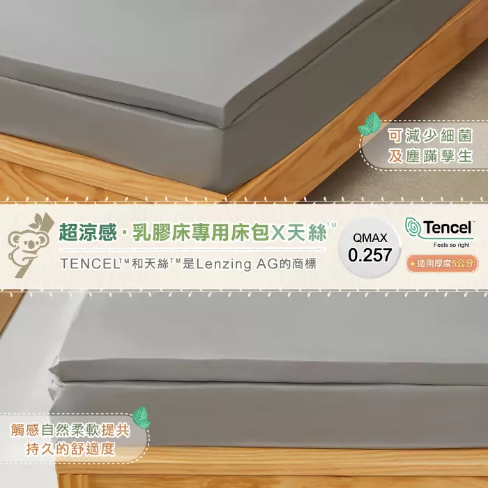 超涼感·乳膠床專用床包X天絲 TENCEL"和天絲'"是Lenzing AG的商標 可減少細菌 及塵蹣孳生 Tencel Feels so right QMAX 0.257 適用厚度5公分 觸感自然柔軟提共 持久的舒適度