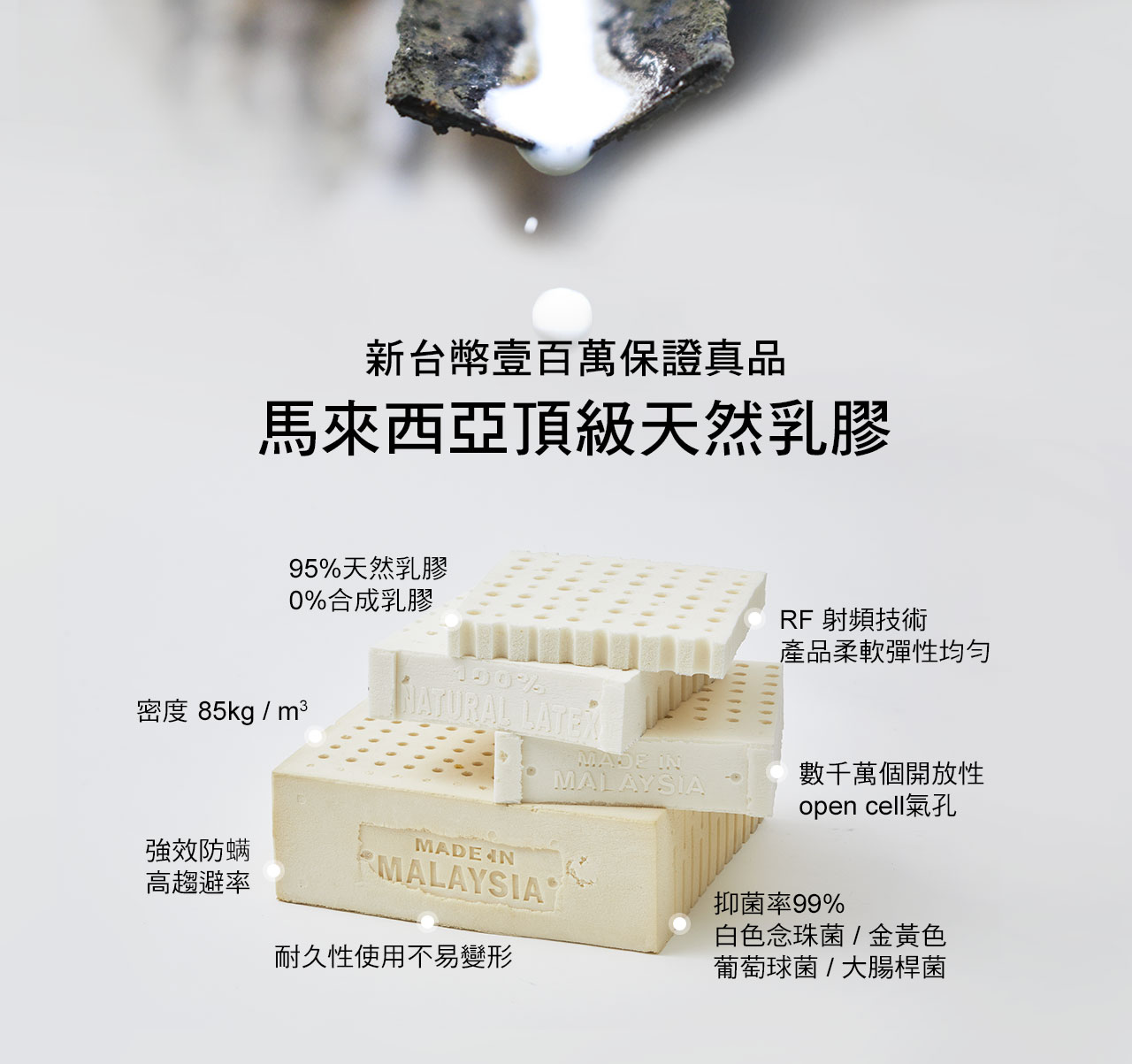 100%馬來西亞天然乳膠,密度85kg/m3,94.5%天然乳膠,0%合成乳膠;RF射頻技術,產品柔軟彈性均勻,使用不變形。有效抑菌抗菌,抑菌率99%白色念珠菌 / 金黃葡萄球菌 / 大腸桿菌