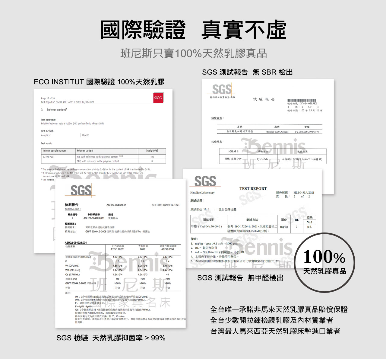 馬來西亞100%天然乳膠擁有示範國際驗證,真實不虛,班尼斯只賣100%天然乳膠真品