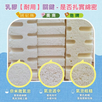 乳膠【耐用】關鍵-是否扎實綿密 班尼斯 美商C 他牌 綿密微氣泡 質地細緻 馬來精緻、50年工藝 氣泡適中 質地尚可 中規中矩 氣泡粗糙 氣孔粗糙 落后國家技術